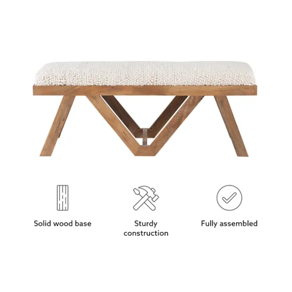Kirkland's Home Benches & Ottomans-White Upholstered Seat And Tan Wood Bench