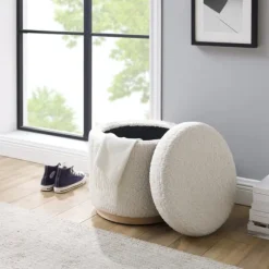 Kirkland's Home Benches & Ottomans-White Upholstered Wood Trim Ottoman
