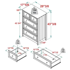 Kirkland's Home Dressers & Chests-White Wood Five Framed Drawers Dresser