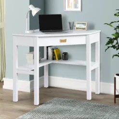 Kirkland's Home Office Furniture-White Wood Single Drawer Corner Desk