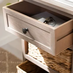 Kirkland's Home Accent & End Tables-Whitewashed Brown Wood Side Table With Baskets