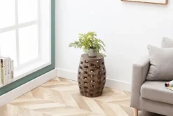 Kirkland's Home Accent & End Tables-Whitewashed Wood Barrel Patterned Side Table