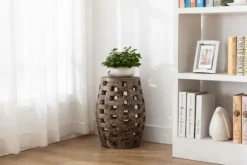 Kirkland's Home Accent & End Tables-Whitewashed Wood Barrel Patterned Side Table