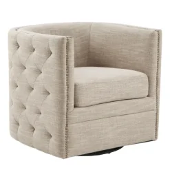 Kirkland's Home Accent Chairs-Wilson Tufted Cream Swivel Accent Chair