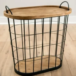 Kirkland's Home Accent & End Tables-Wire And Natural Wood Basket Side Table