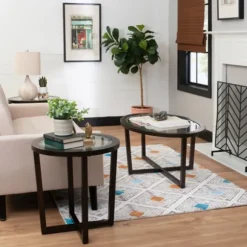 Kirkland's Home Coffee Tables-Wood & Glass Top 3-Pc. Table Set