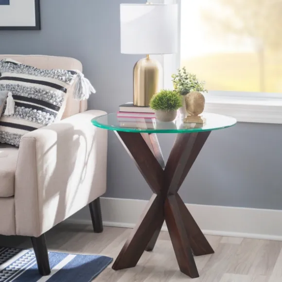 Kirkland's Home Accent & End Tables-Wood And Glass Top X-Base Accent Table
