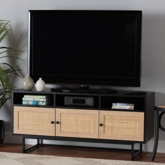 Kirkland's Home Tv Stands & Media Consoles-Wood And Rattan 3-Door Tv Stand