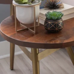Kirkland's Home Accent & End Tables-Wood Gold Accent Tiered Side Table