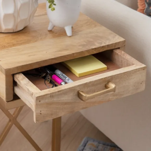 Kirkland's Home Accent & End Tables-Wood Gold Metal X-Frame Base C Table