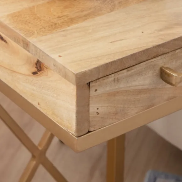 Kirkland's Home Accent & End Tables-Wood Gold Metal X-Frame Base C Table