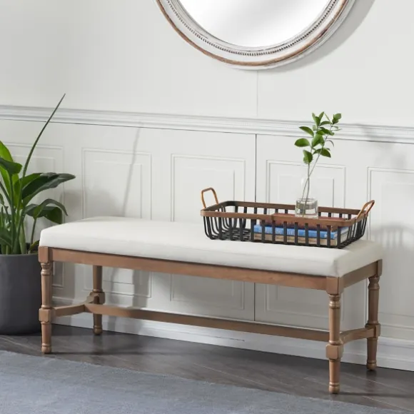 Kirkland's Home Benches & Ottomans-Wood Upholstered Burlap Seat Bench