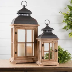 Kirkland's Home Lanterns-Wood Windowpane Slope Top Lanterns, Set Of 2
